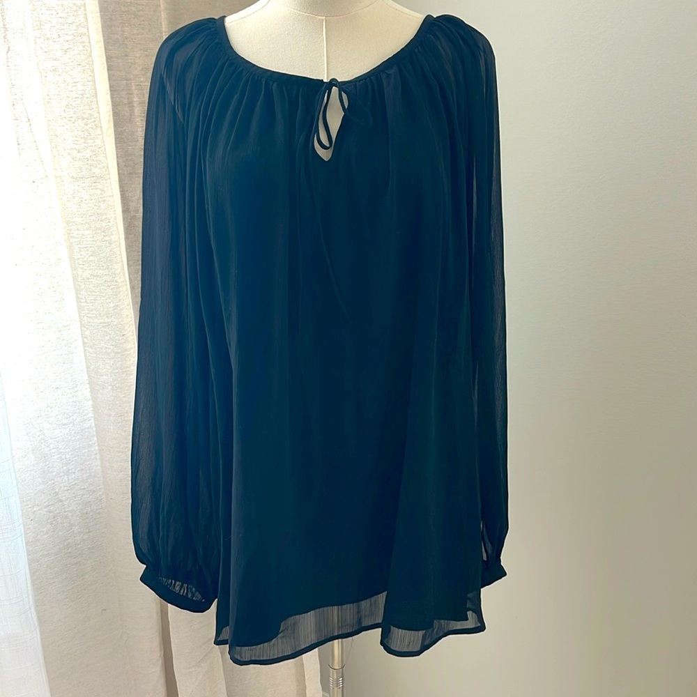 TALBOTS TOP BLOUSE. black large sheer sleeve, lined bodice